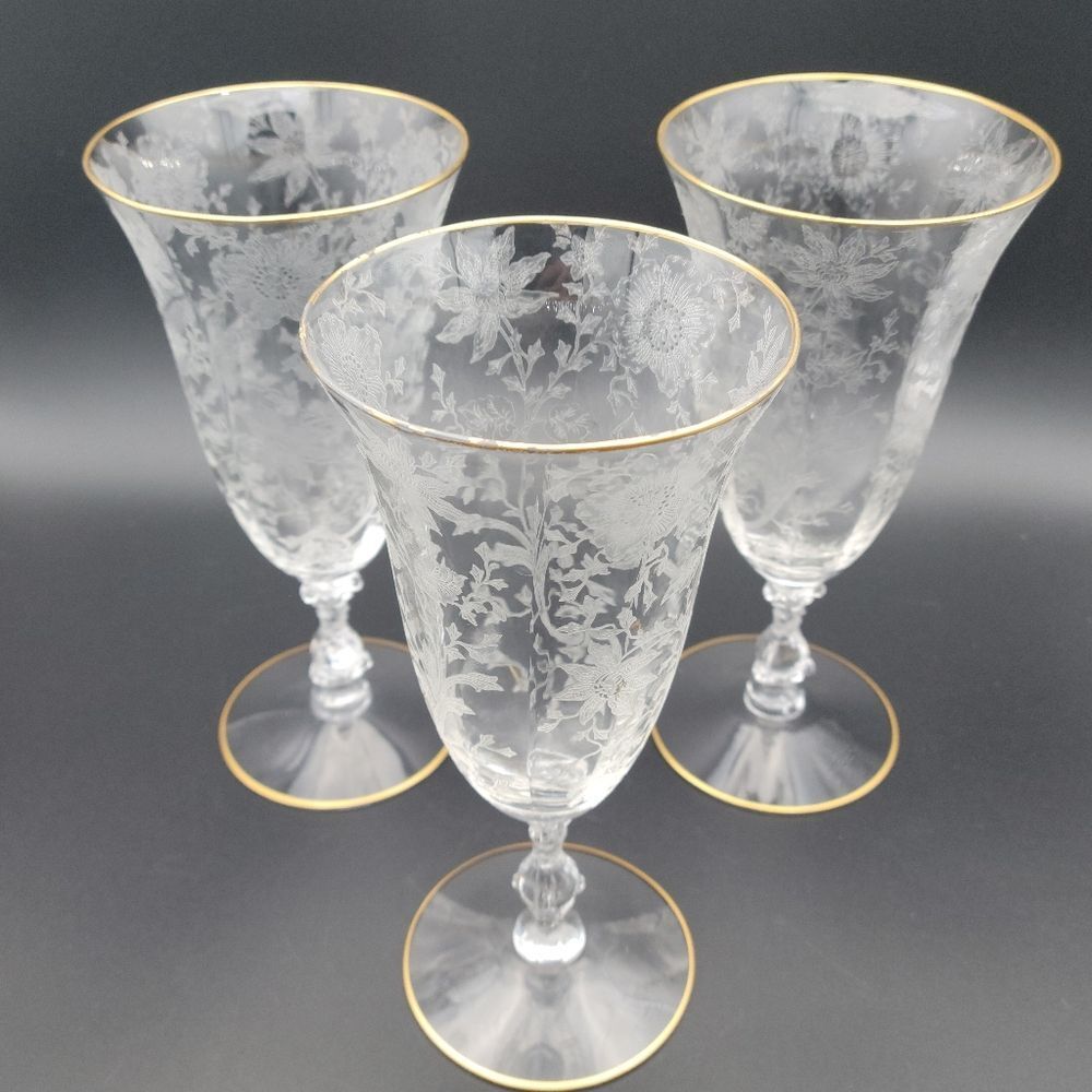 Vintage Cambridge Wildflower Etched Goblets with Gold Trim